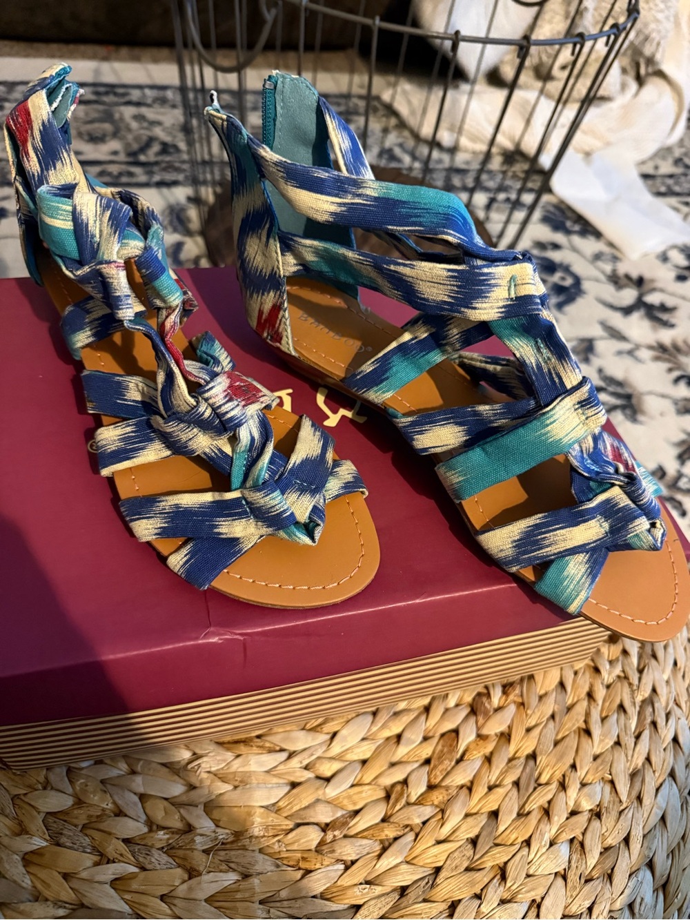 BAMBOO Blue Teal Multi-Striped Knot Gladiator Sandals